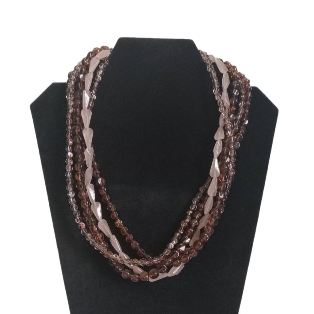 Brown & Pink Multiple Strand Transparent Glass Beaded Layered Statement Necklace